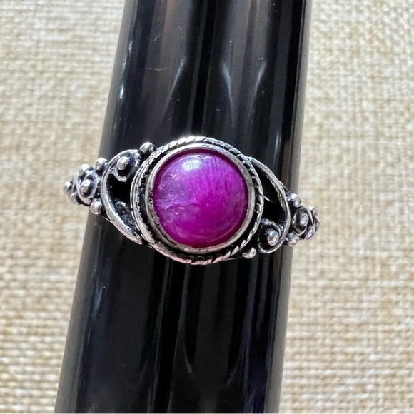 Hand Crafted Jewelry - Pink Enhanced Moonstone Boho Silver Overlay Ring Size 8.5
